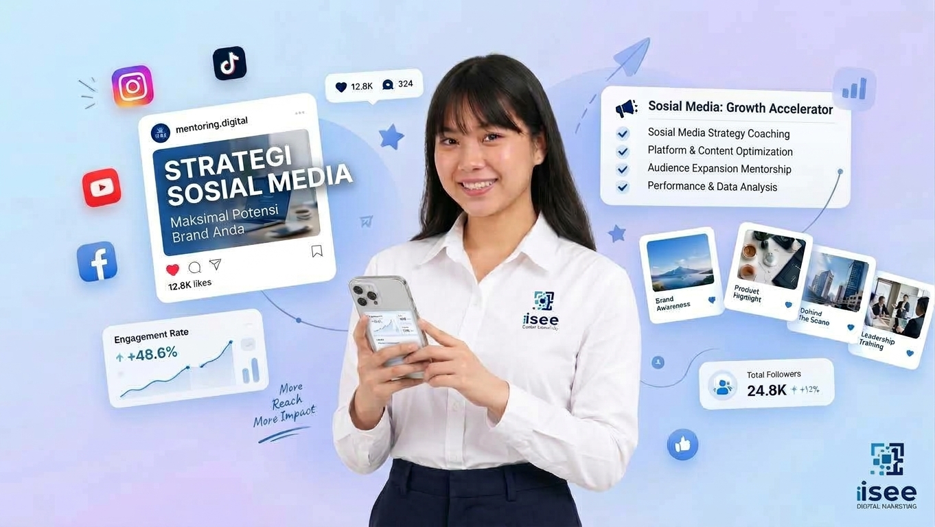 Wanita menggunakan ponsel untuk layanan pemasaran sosial media