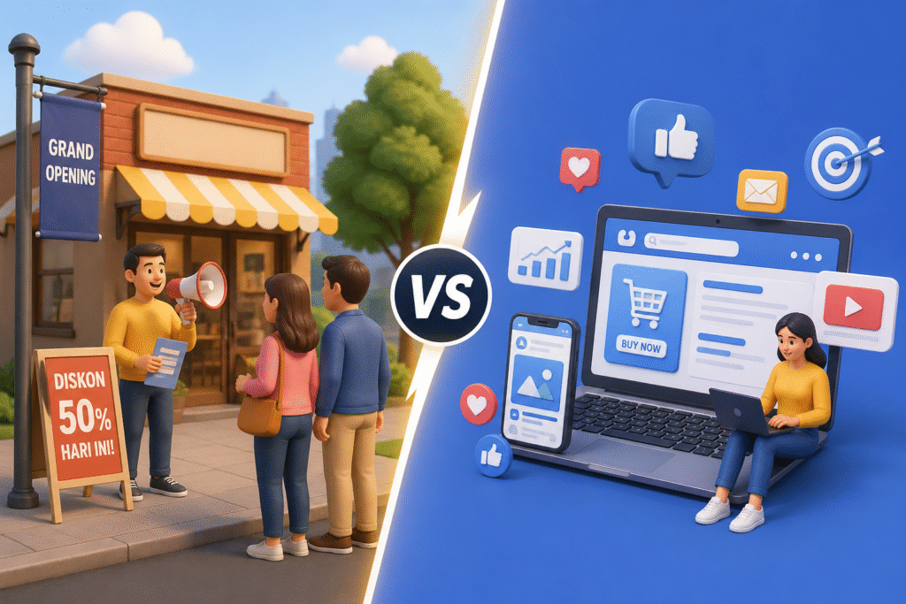 contoh apa perbedaan marketing online dan offline